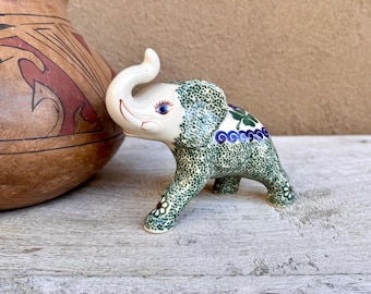Vintage Polish Pottery Elephant Figurine, Four-Leaf Clover Design
