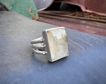 Simple Sterling Silver Rutilated Quartz Ring Size 8, Signet Style, Minimalist Jewelry