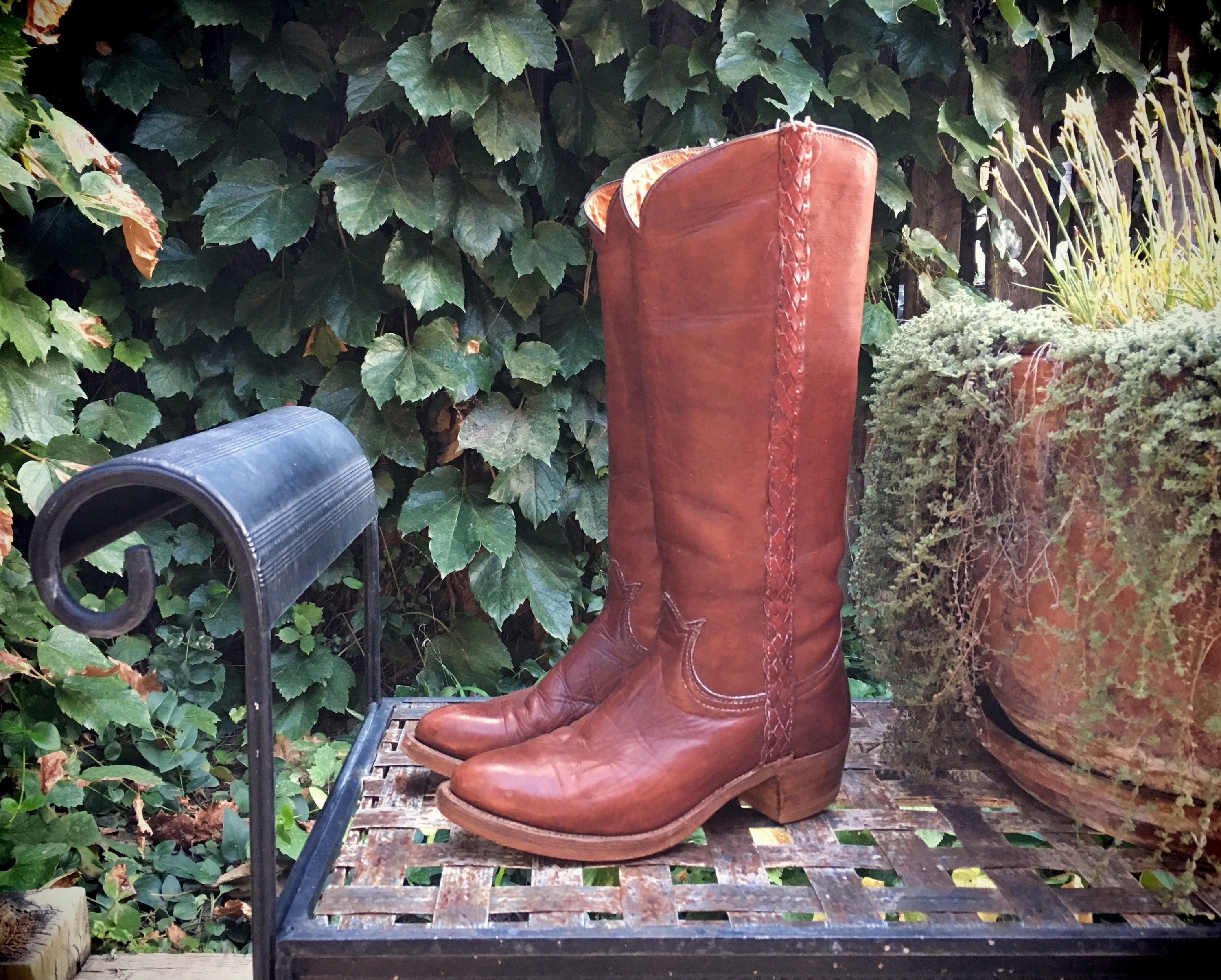 FRYE Boots Size 10 Cowgirl Boots Red Tan Decorated Leather Western