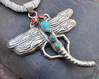 Large Turquoise Coral Dragonfly Pendant on 1980s Puka Shell Necklace Approx 18.5"