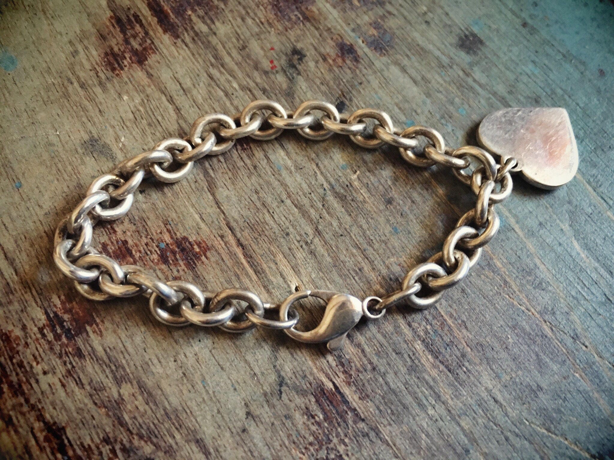 7 Sterling Silver Link Chain Bracelet Silver Heart Charm, Chunky