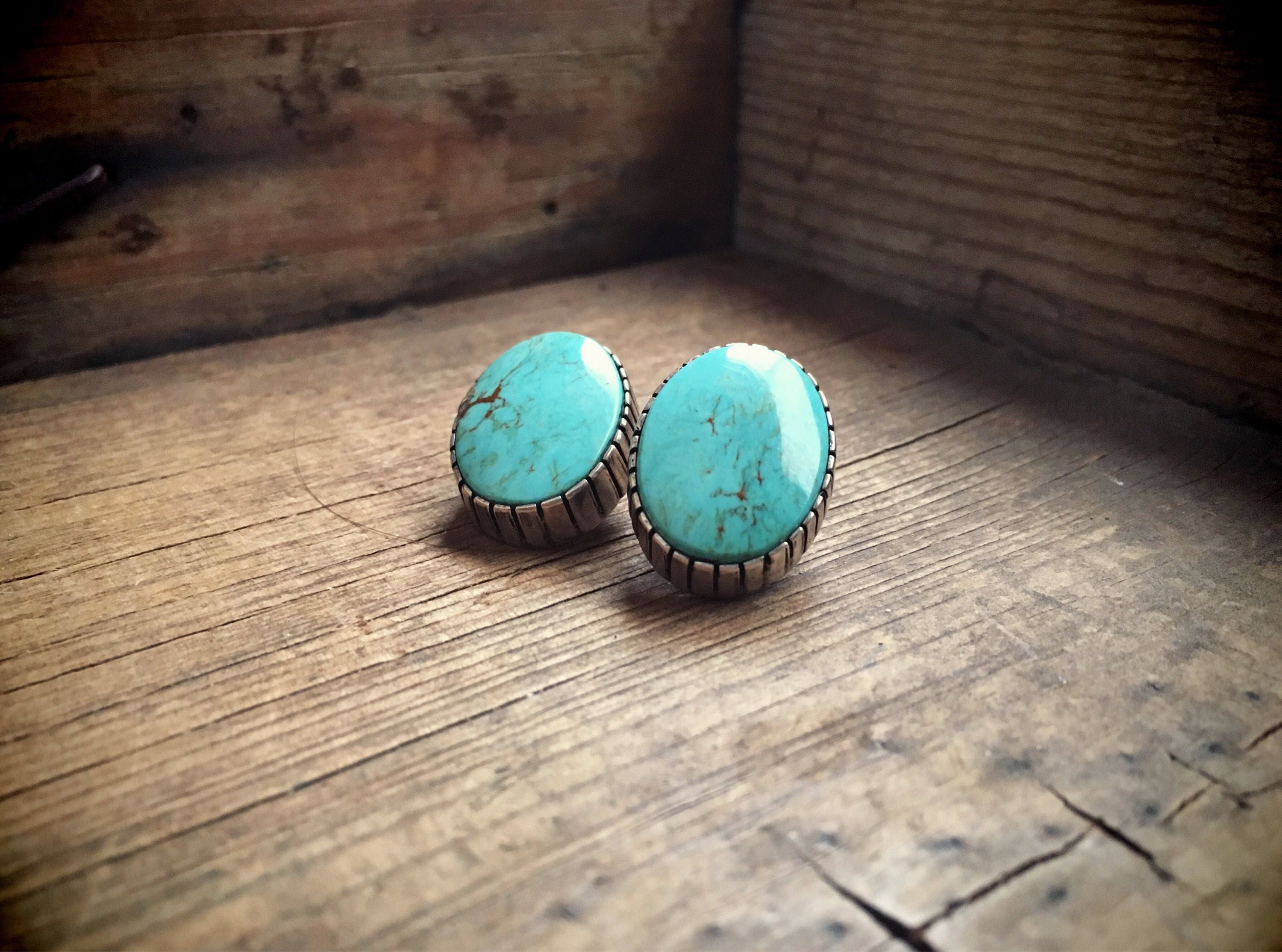 Native American sterling silver turquoise earrings stud posts oval shape