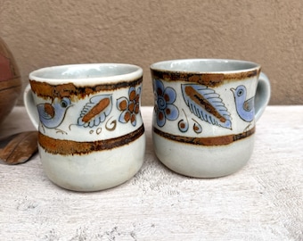 Pair of Vintage El Palomar Ceramic Coffee Cups, Blue Bird Design