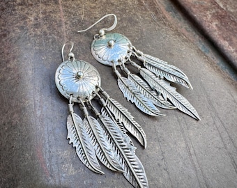 Vintage Silver Concho Dangle Earrings w/ Feathers, 1980s Southwestern Style