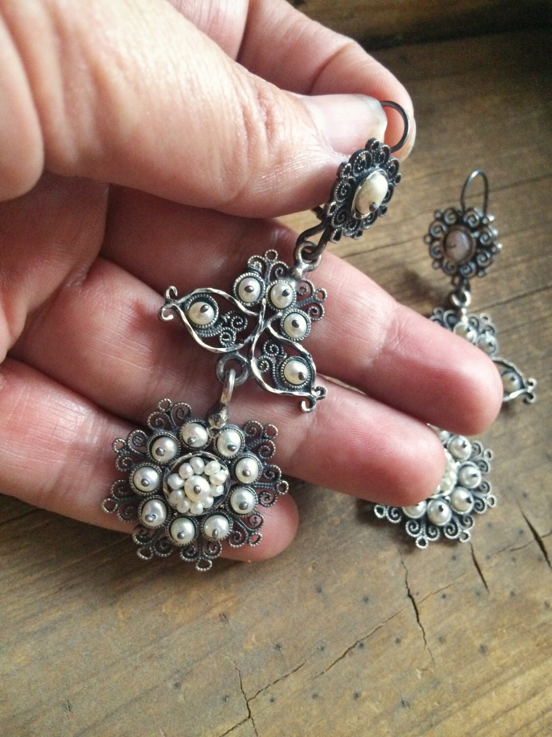 Vintage Mexican Silver Filigree Chandelier Earrings With Natural Vintage Mexican Silver Filigree Chandelier Earrings With Natural Pearls Spanish Colonial Style