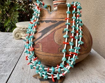 Four Strand Turquoise Coral White Bead Heishi Pueblo Necklace Approx 34", Twine Tie Closure