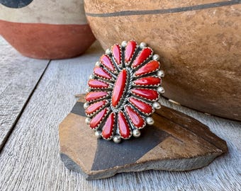 Navajo Sterling Silver Coral Cluster Ring Approx Size 7.5 to 8, Signed KW Tim Kee Whitman
