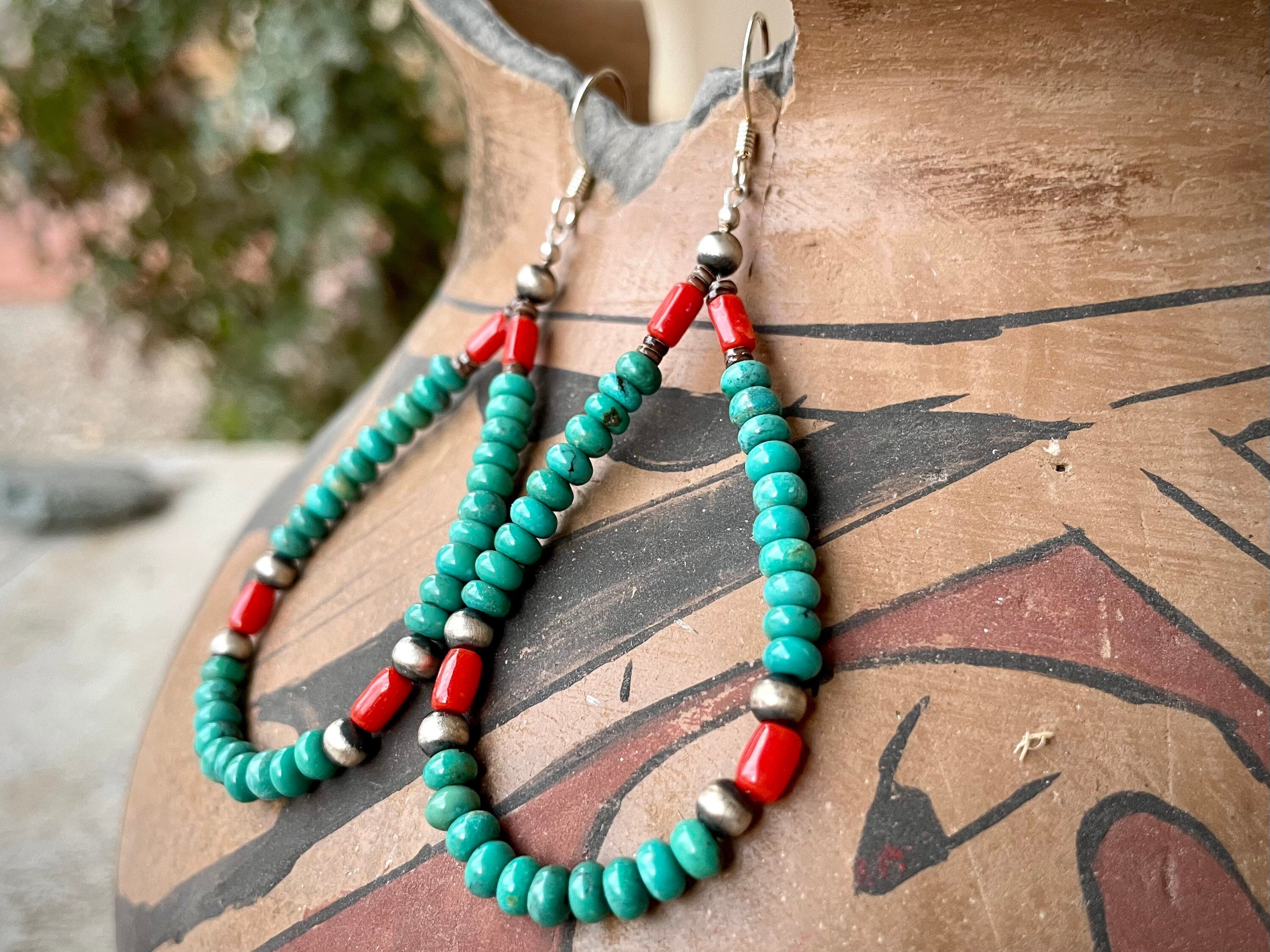 Native American Superb Santo Domingo Turquoise Corals Sterling Silver Hoop Earrings Native American Superb Santo Domingo Turquoise Corals Sterling Silver Hoop Earrings