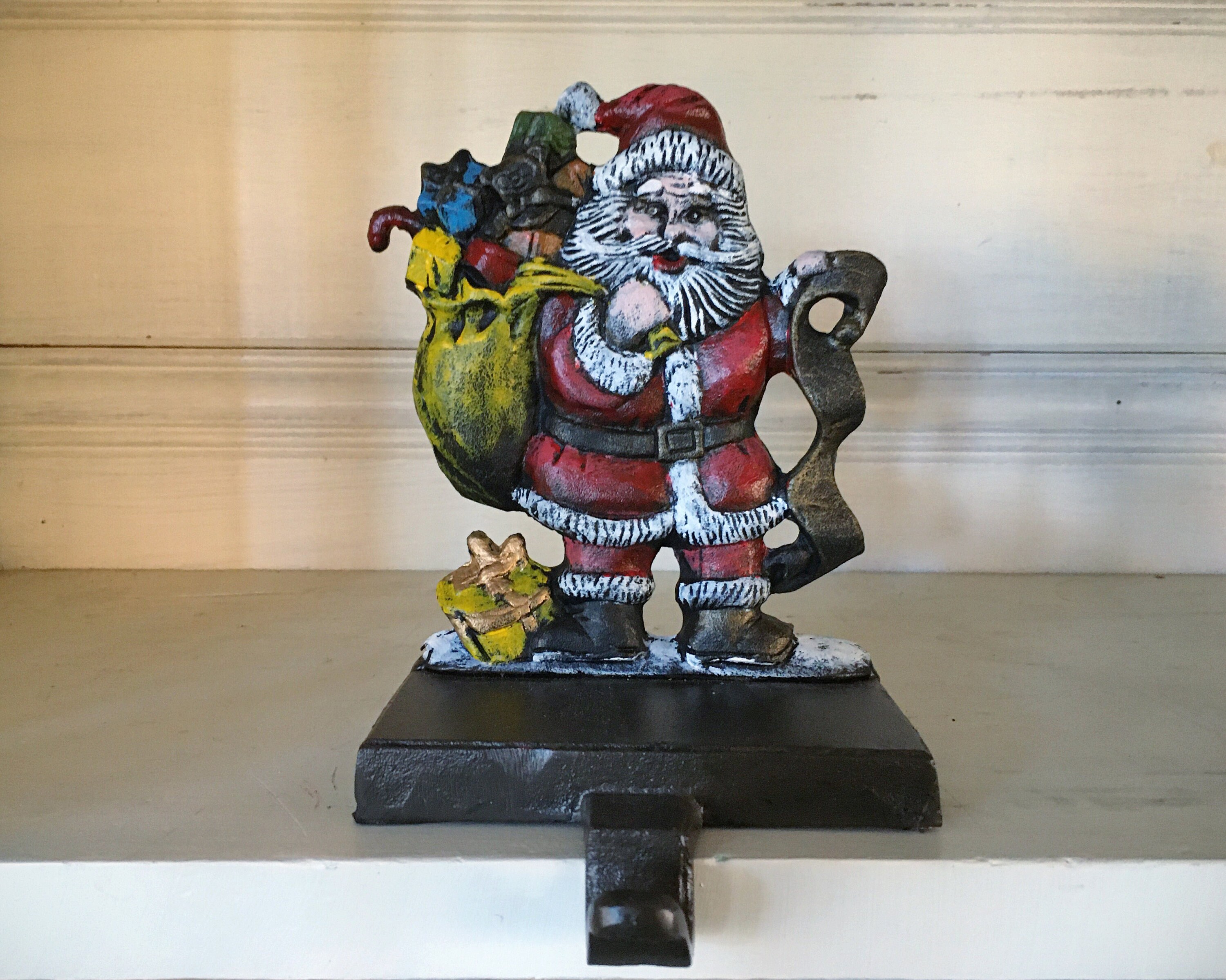 Three Cast Iron Santa Claus Stocking Holders for Mantle, Vintage