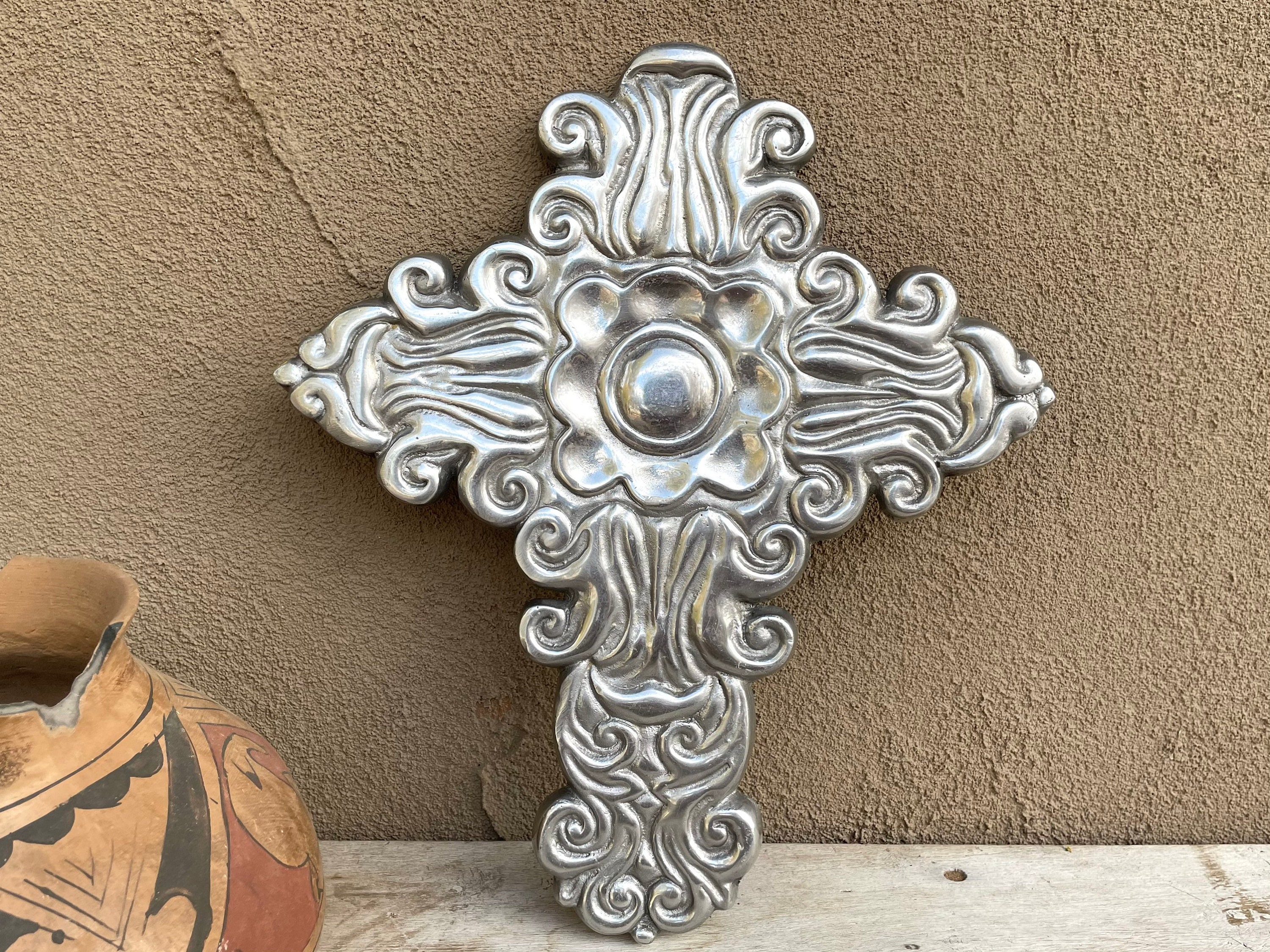 Large Mexican Wall Cross Pewter Metal Cross Wall Hanging Spanish Decor, Rustic Patio Home Decor