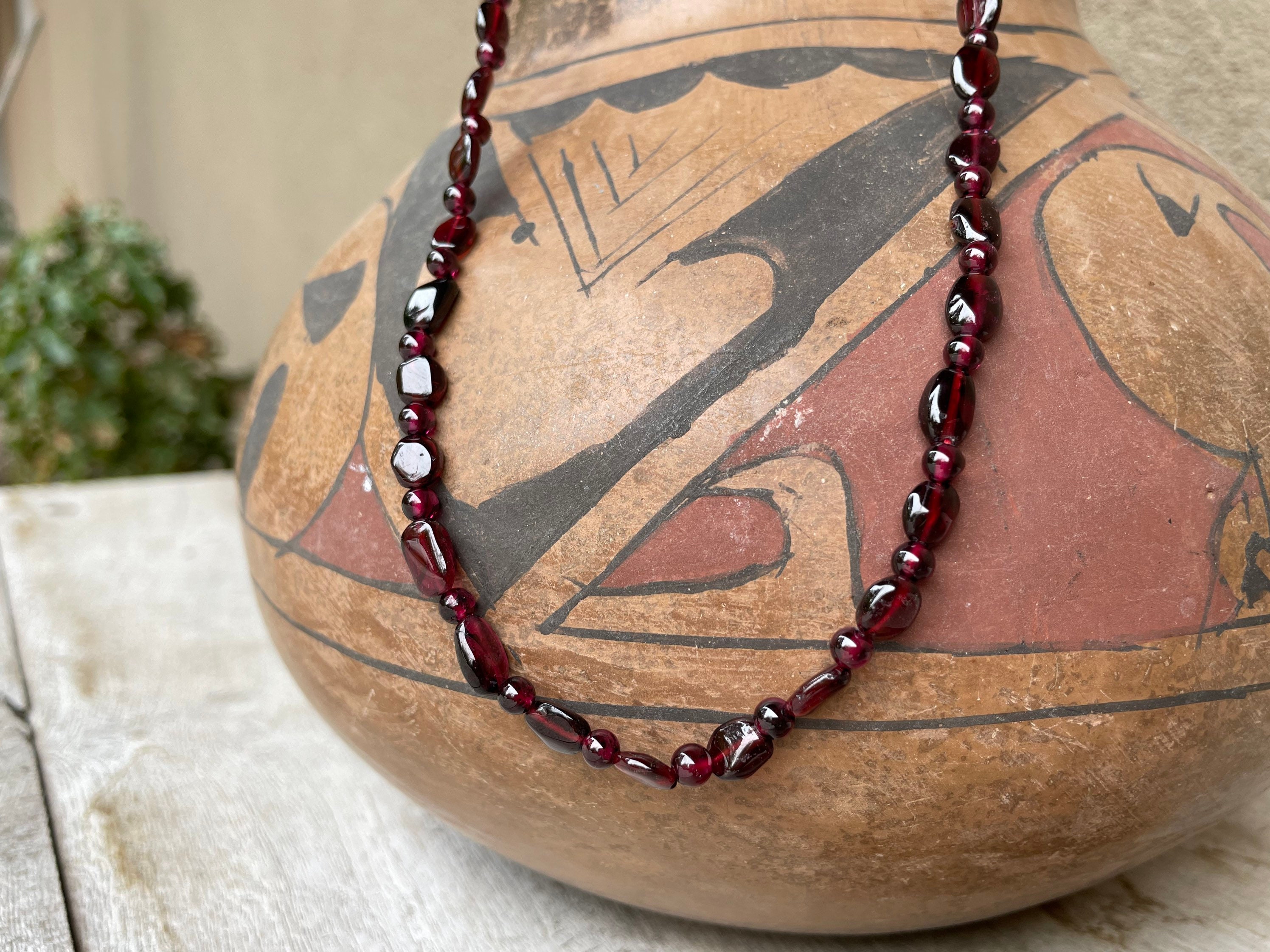 Art Deco Garnet Bead Necklace with Gold Tone Barrel Clasp, 1930s