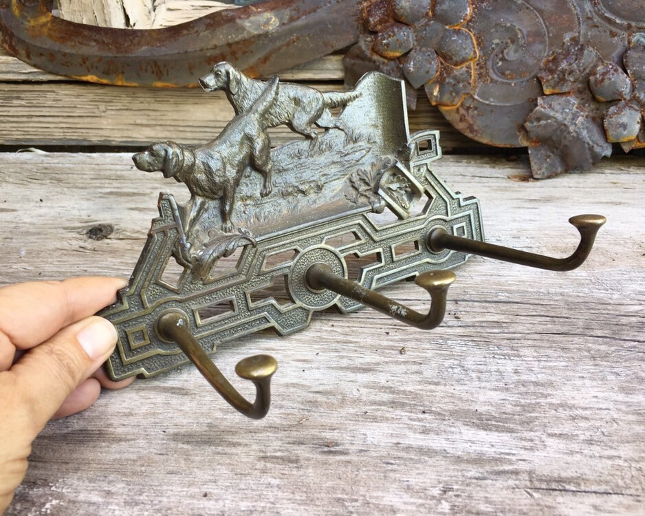 Arts and Crafts Era Brass Hall Tree Hook with Hunting Dog Decor, Architectural Salvage