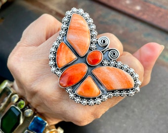 Navajo Mary Jane Garcia Orange Spiny Oyster Butterfly Ring (Adj), Native American Indian Jewelry