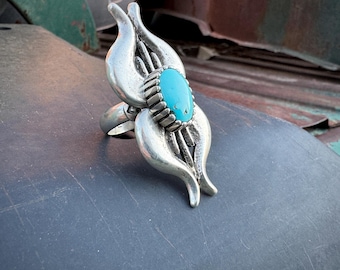 Large Vintage Sterling Silver Sandcast Turquoise Ring Size 10 (Adj) by Hopi Frank Lahaleon
