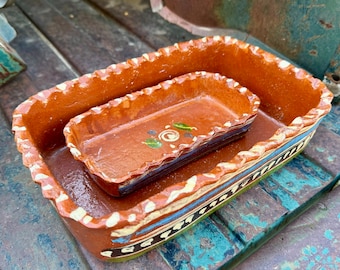 Two Old Tlaquepaque Mexican Pottery Rectangular Dishes (Crazed Crack on Back), Rustic Southwest