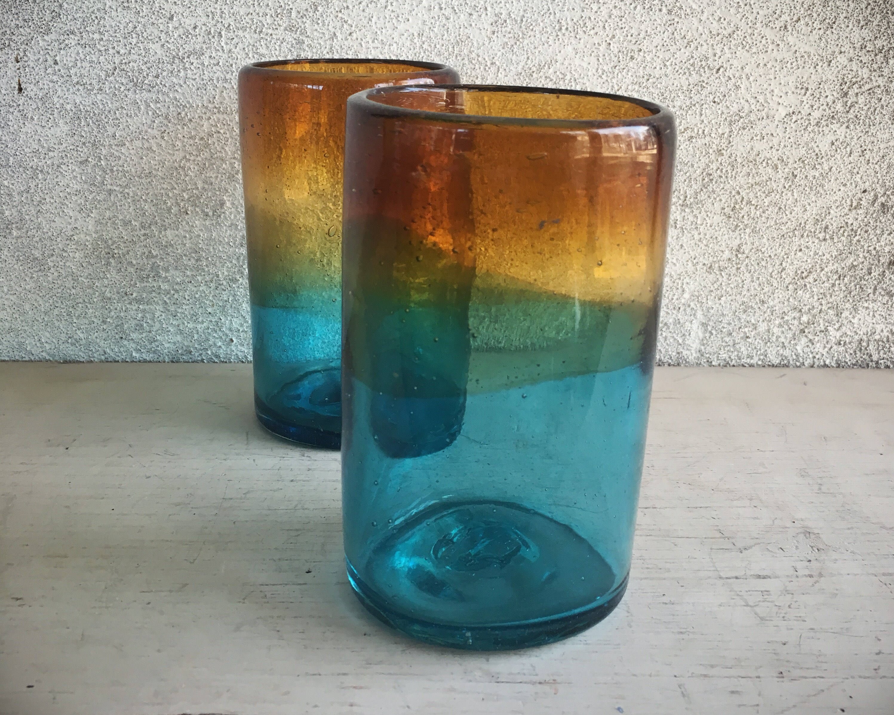 Two Drinking Glasses Mexican Blown Glass Tumblers Teal Amber Chunky