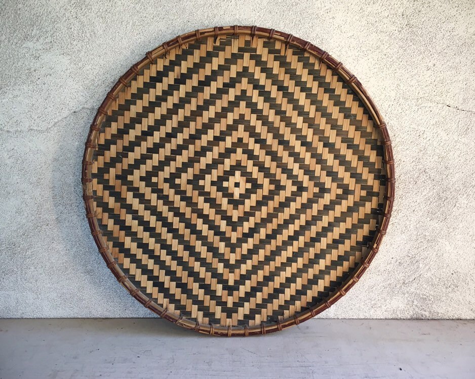 Vintage Shallow Flat Basket Woven Earthtone Bohemian Decor, Primitive Decor