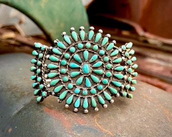 44g Vintage Zuni Petit Point Turquoise Cluster Cuff Bracelet Size 6.5, Native American Jewelry