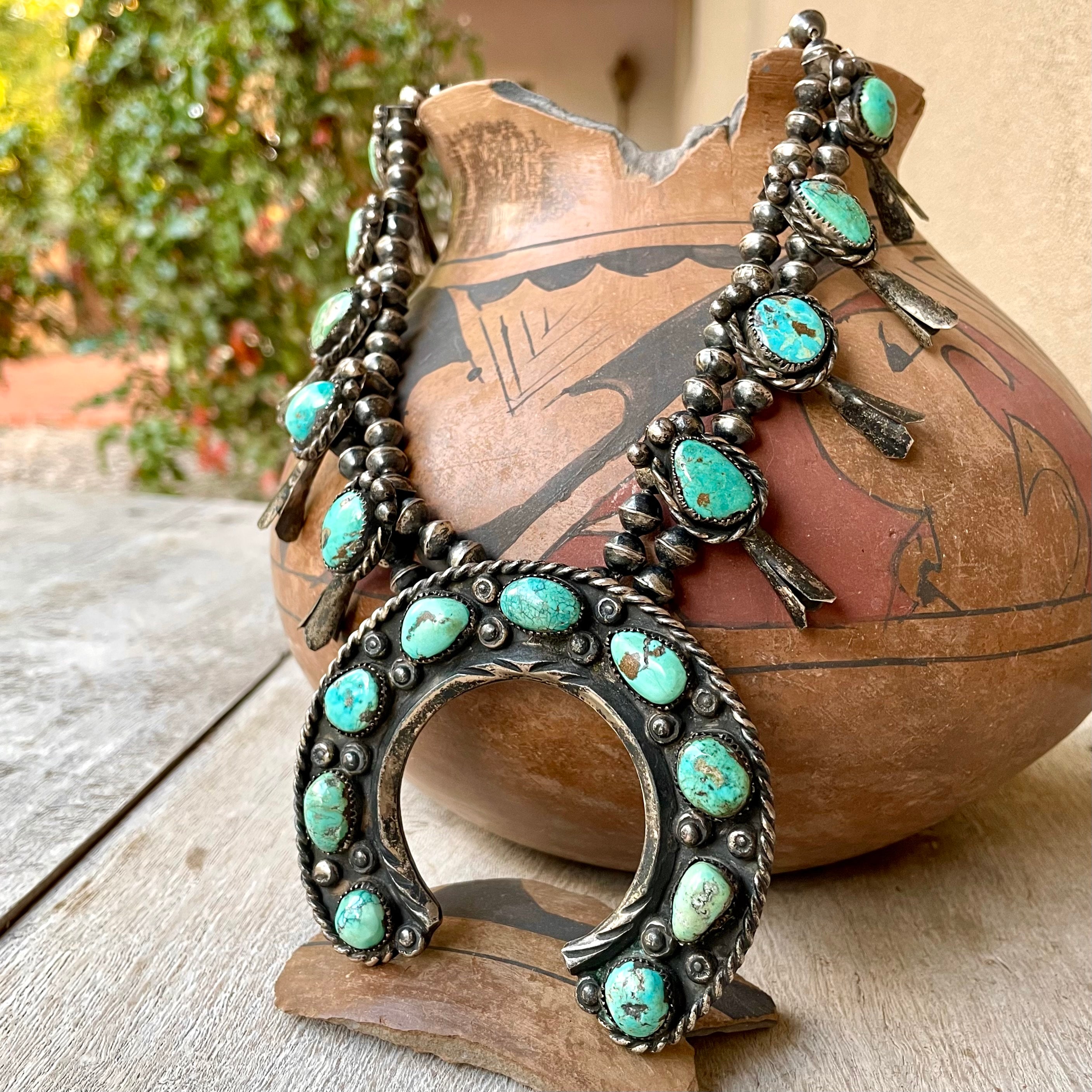 Vintage Navajo Squash Blossom Necklace Sterling Silver & Turquoise: Signed  CHOEN