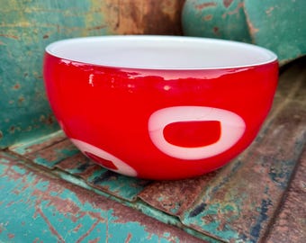 Red Glass Bowl White Abstract Circle Design, Heavy Encased Thick