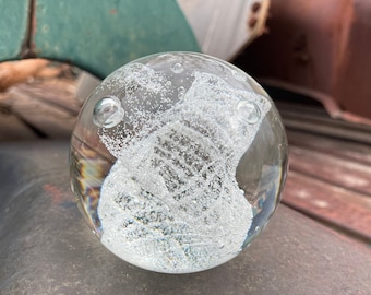 Vintage Caithness Scotland Clear "Carnival" Art Glass Paperweight Controlled Bubbles, Modern Decor