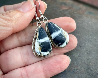 White Buffalo Teardrop Earrings by Taos Pueblo Lawrence Archuleta, Native American Indian Jewelry