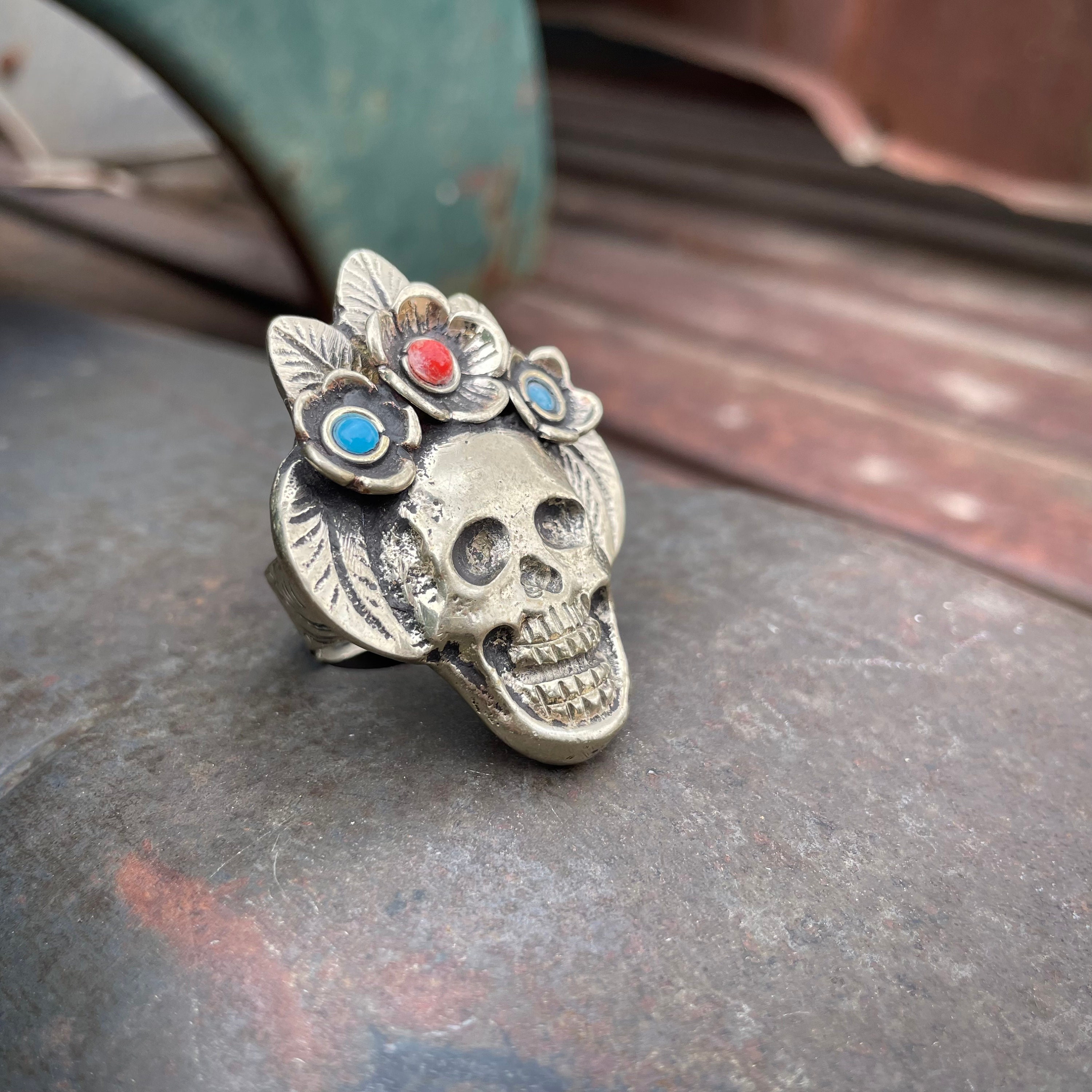 Tribal Silver Skeleton Skull Ring on Adjustable Band Coral Turquoise Accents Day of Dead Jewelry