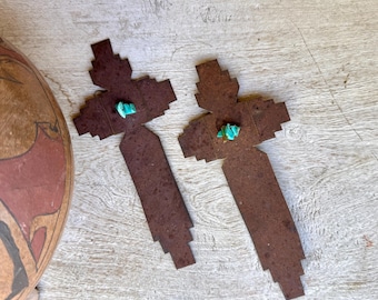 Two Small Rusty Tin Turquoise Crosses Made from Old Chimayo Roof