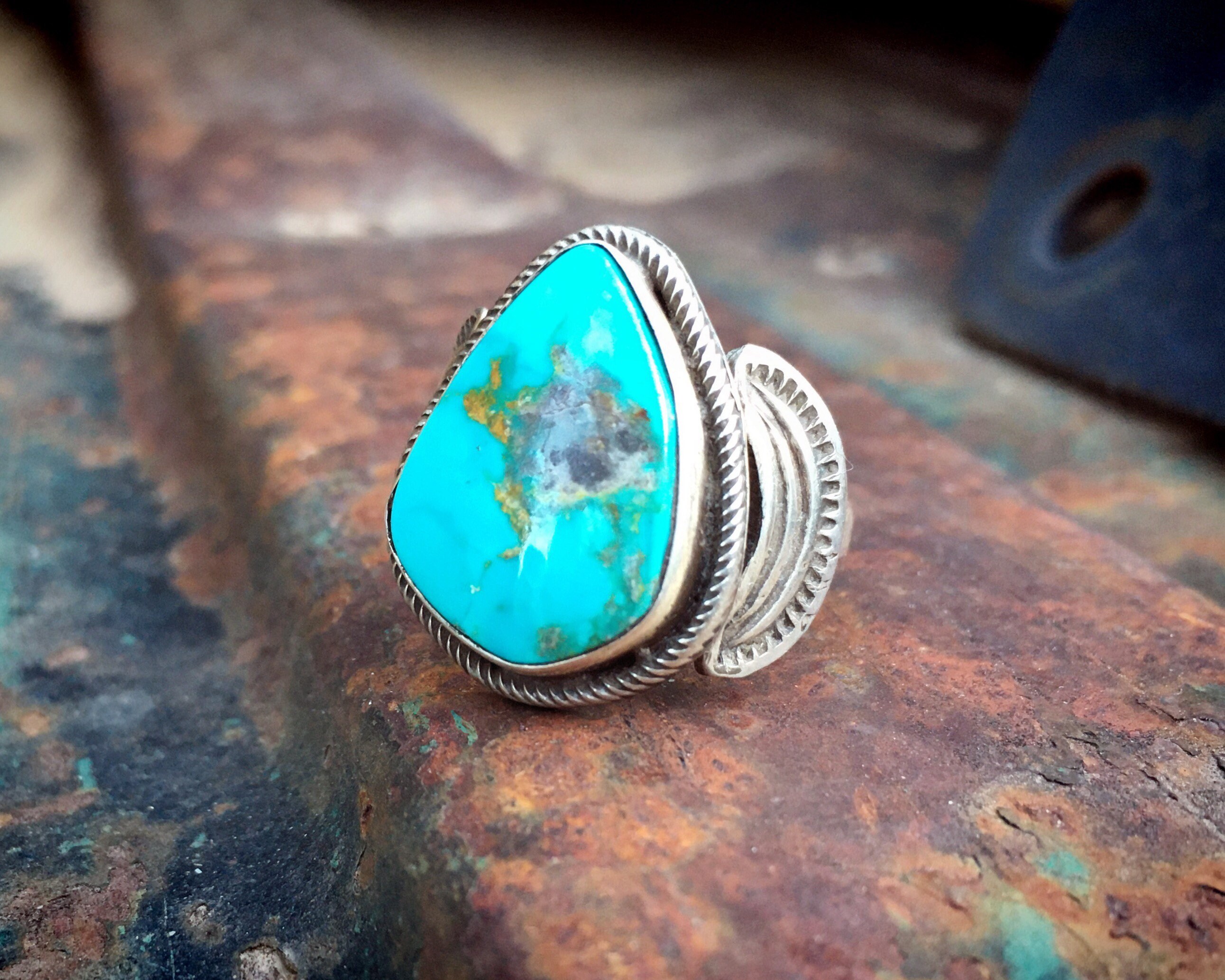 Simple Turquoise Ring for Women Size 7.25 by Navajo Richard Jim, Native