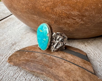 Molten Sterling Silver and Blue Turquoise Ring Approx Size 7, Vintage Southwestern Jewelry