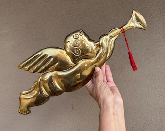 Vintage Dept 56 Brass Angel Playing Trumpet Wall Hanging 17" Wide, Christmas Decoration