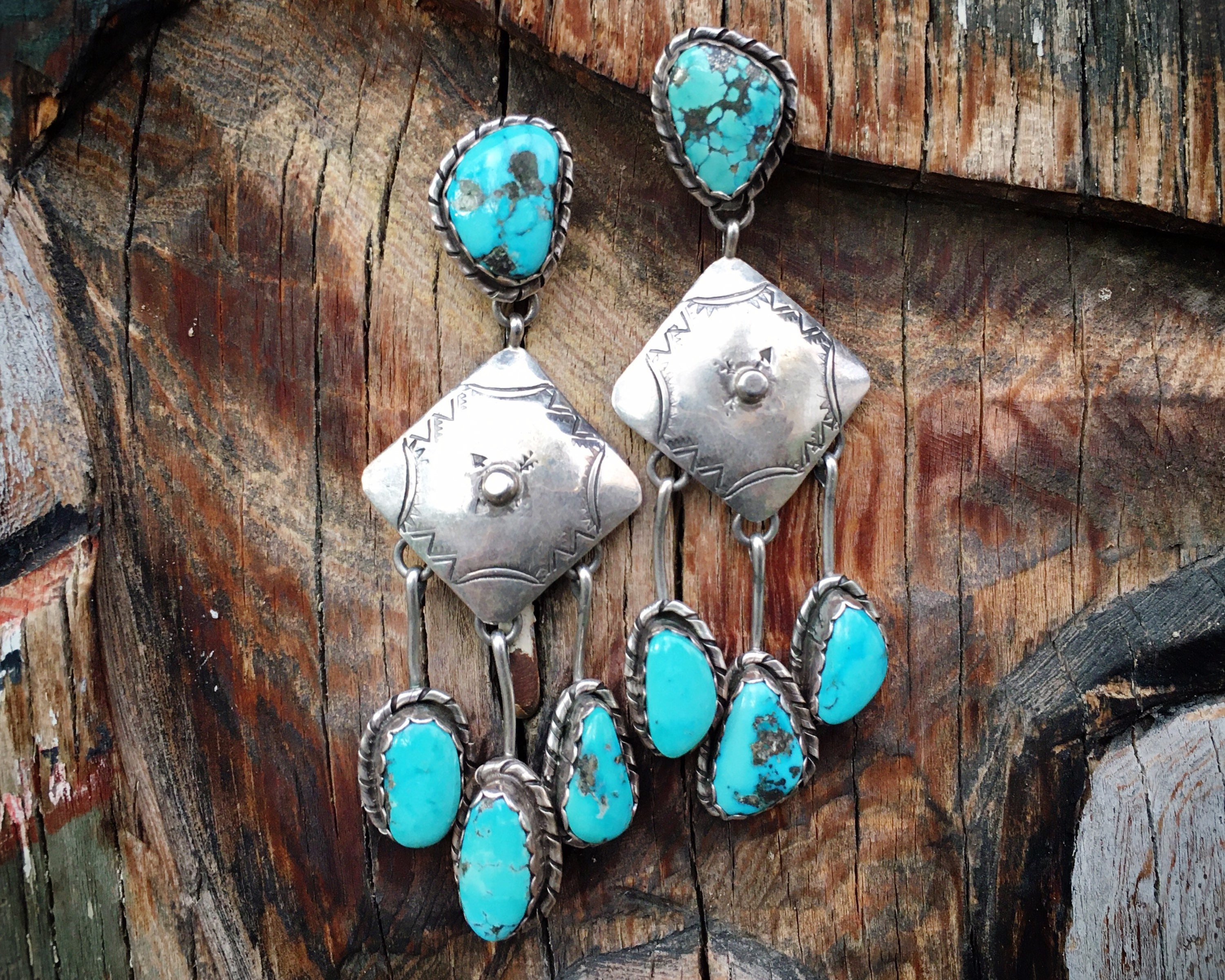 Natural Morenci Turquoise Dangle Earrings, Vintage Navajo Native