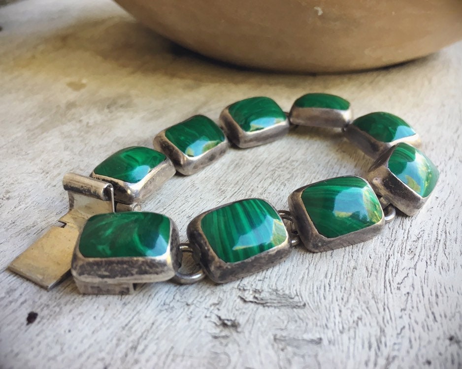 Mexican Bracelet Sterling Silver Malachite Jewelry, Healing Gemstone