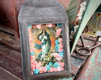 Vintage Mexican Tin Shrine Shadowbox Wall Hanging with Madonna Print and Tissue Paper Flowers, Altar Art, Catholic Gifts, Religious Folk Art