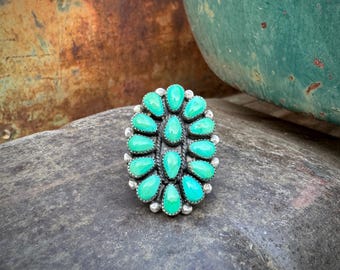 Vintage Petit Point Green-Blue Turquoise Ring Size Approx 7.5 to 8.5, Signed Zuni Navajo Jewelry