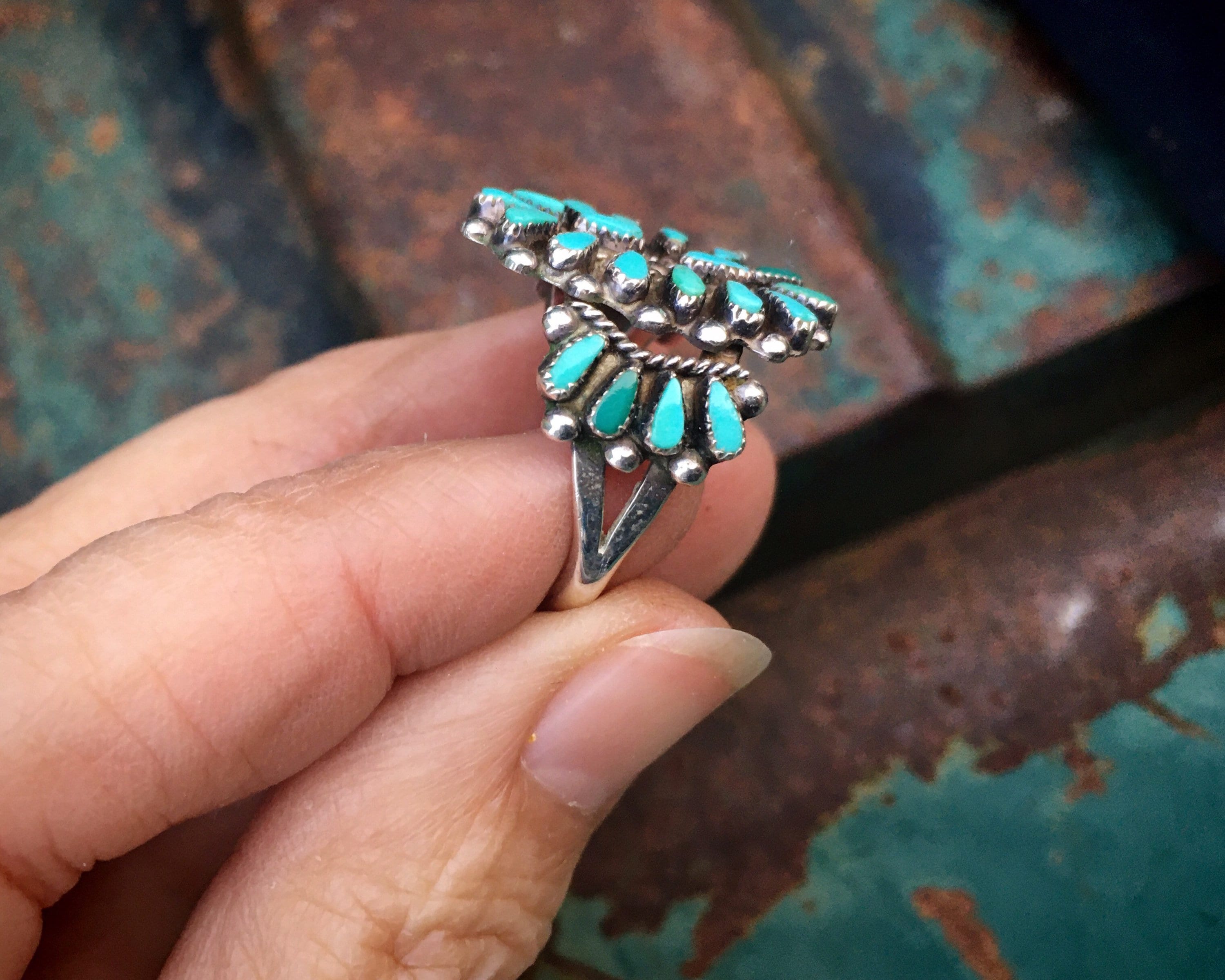 Zuni Milburn Dishta Petit Point Turquoise Ring Size 9 5 Vintage Native