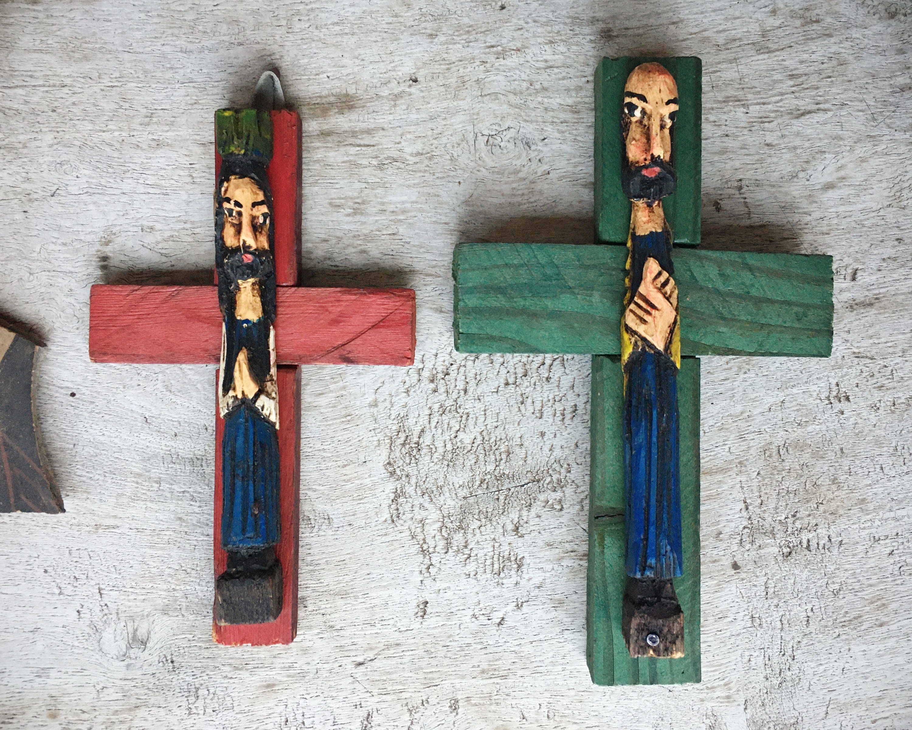 Pair of Small Handmade Mexican Folk Art Jesus Christ on Cross Wall