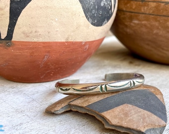 Vintage 23g Stamped Silver Narrow Bracelet Size 6.5, Native American Indian Jewelry, Thin Stacking Cuff Women's, Boho Hippie Rodeo Style