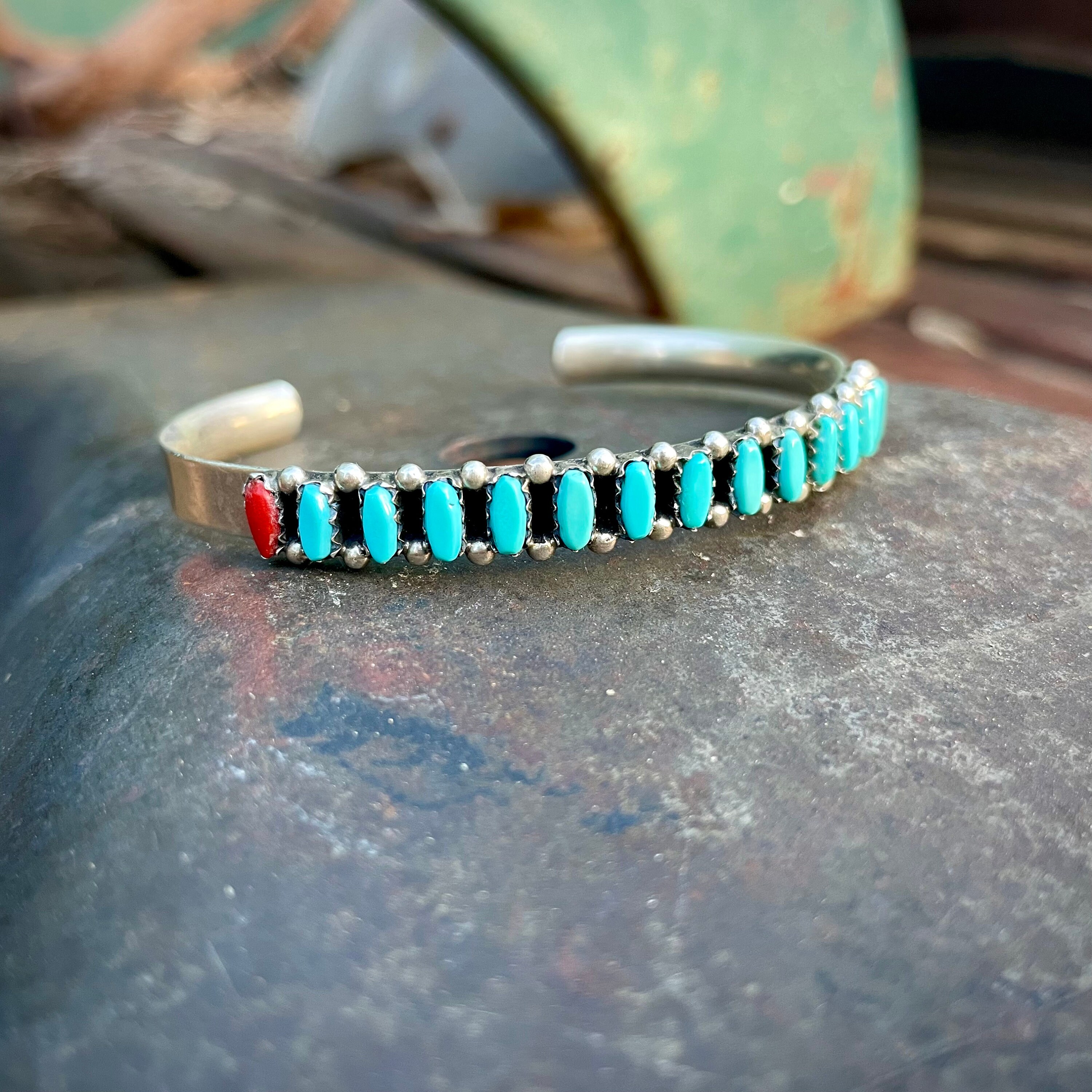 Best Vintage Native American Zuni Turquoise Coral Sterling Silver Row Bracelet Best Vintage Native American Zuni Turquoise Coral Sterling Silver Row Bracelet