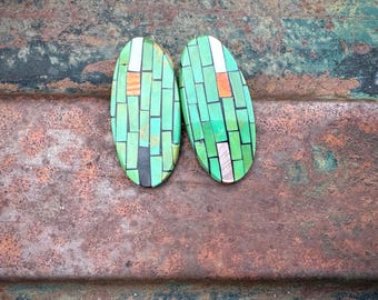 Vintage Turquoise Inlay on Shell Earrings Kewa Santo Domingo Pueblo Jewelry
