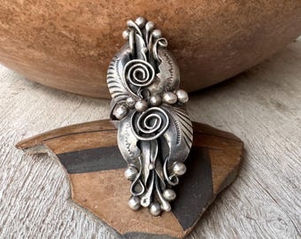 Vintage Ornate Sterling Silver Long Ring Size 10.75, Traditional Navajo Silverwork Flower