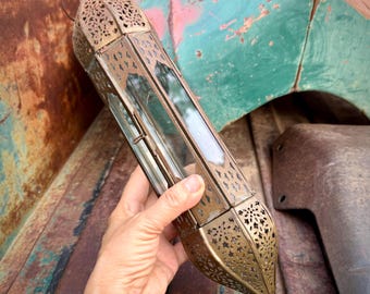 Rustic Metal & Glass Narrow LED Tealight Candleholder Approx 15" x 3", Moroccan Style
