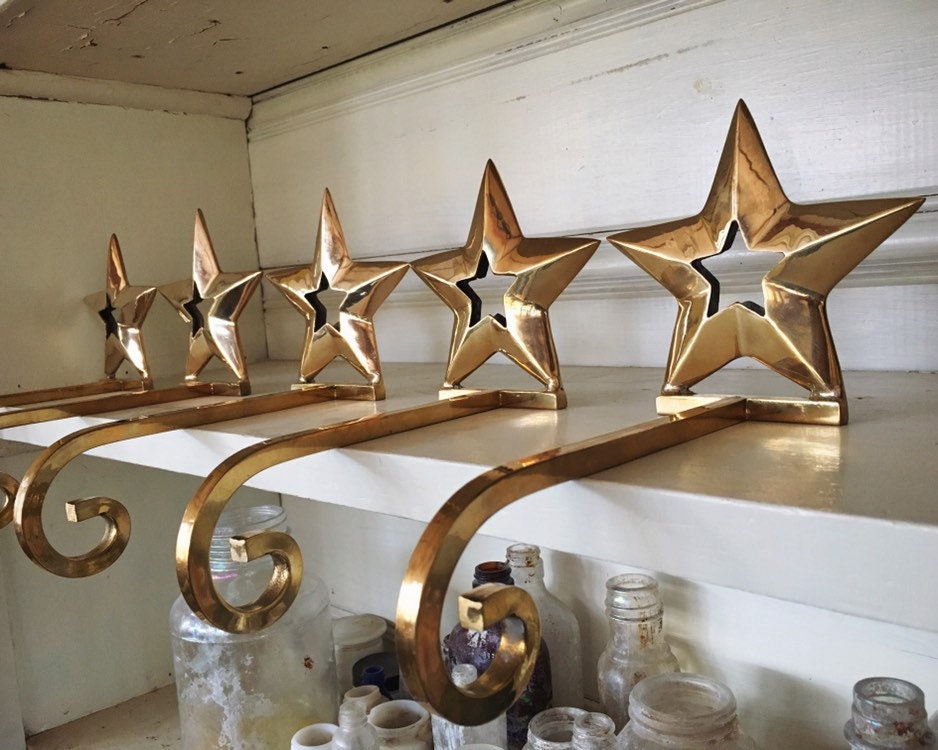 Set of Five Vintage Stocking Holders Brass Stars, Christmas Stocking