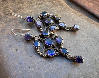 Mexican Style Rhinestone Dangle Earrings 2.5", Deep Iolite Color, Unmarked Sterling Silver