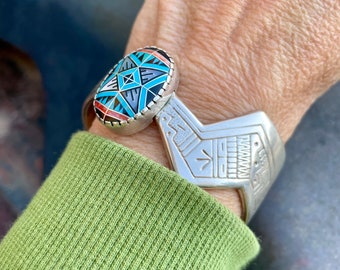 Vintage Roderick and Marilyn Tenorio for Relios Turquoise Inlay Cuff Bracelet, Geometric Style