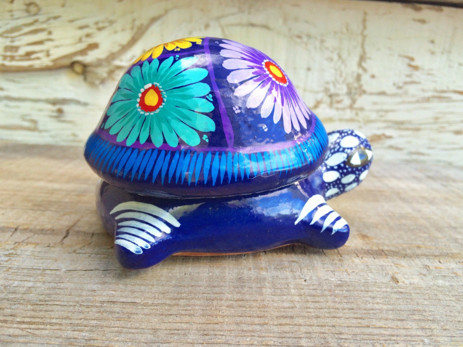 Vintage Guerrero colorful ceramic turtle trinket box, Mexican pottery