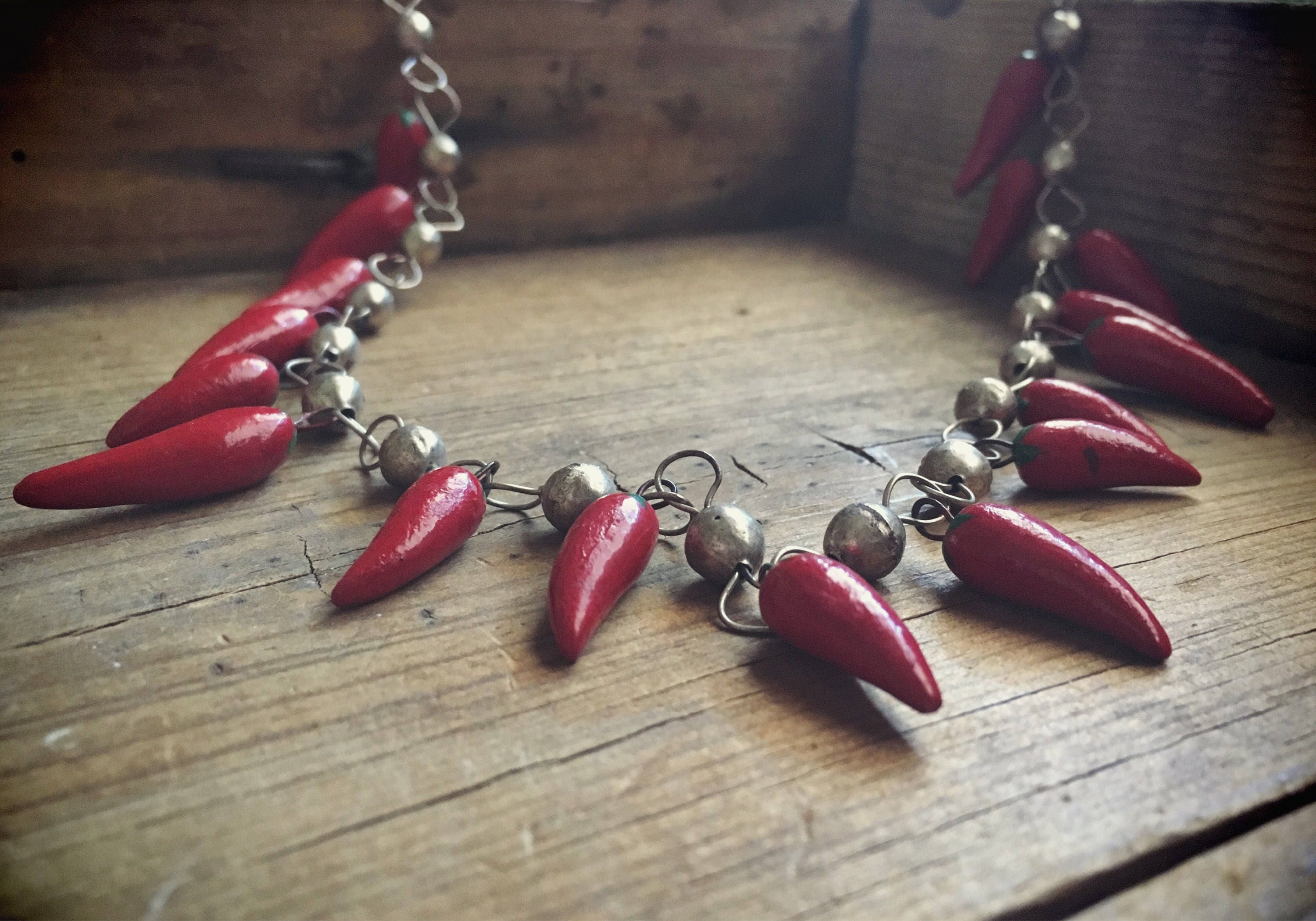 Silver Chain Necklace with Red Chile Pendants, Lasso Link Chain