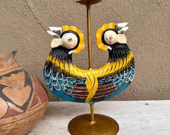 Painted Metal Single Candle Holder, Roosters with Yellow Accents
