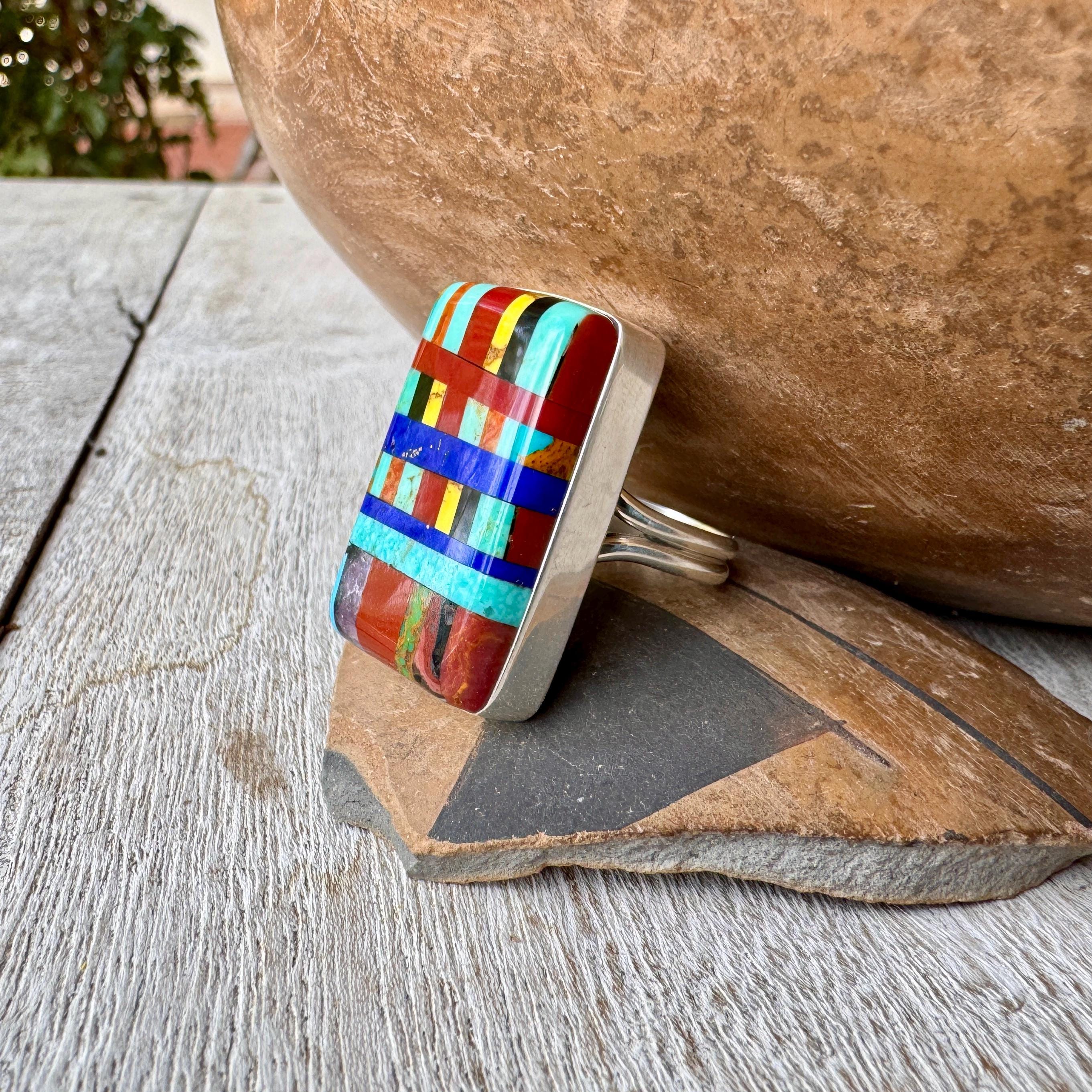 Native American Ronald Chavez Vintage Santo Domingo Turquoise Coral Inlay Sterling Silver Ring Native American Ronald Chavez Vintage Santo Domingo Turquoise Coral Inlay Sterling Silver Ring
