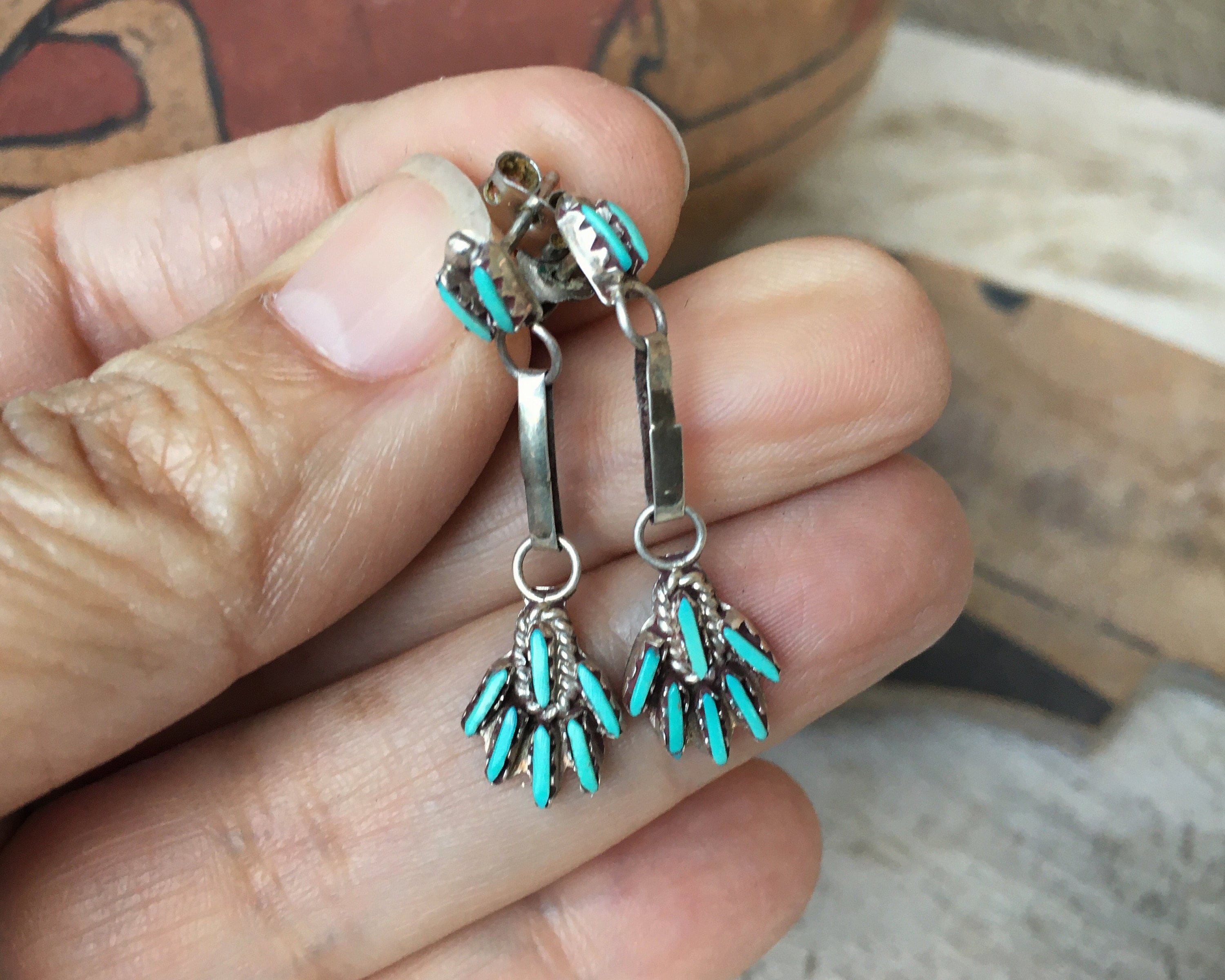 Small Zuni Needlepoint Turquoise Silver Dangle Earrings, Native America